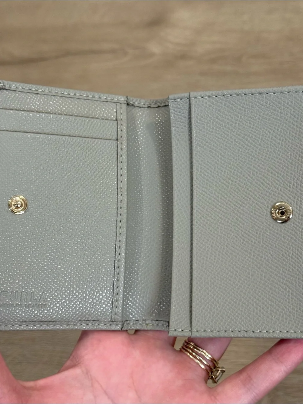 Furla Light Gray Leather Trifold Card Holder with Gold Logo